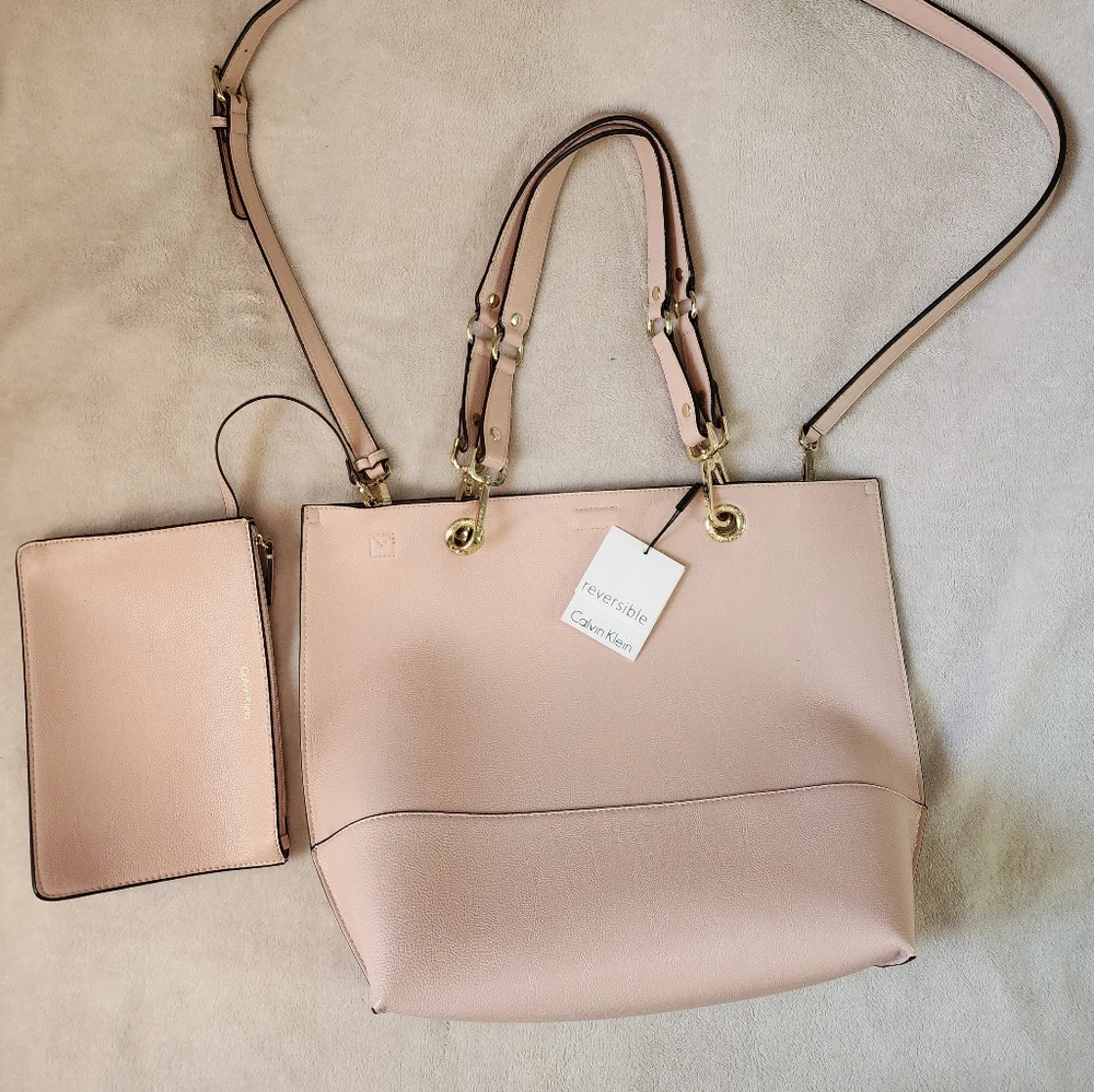 New Calvin Klein Pale Pink Leather R-kitote Tote Bag Gold Wardware